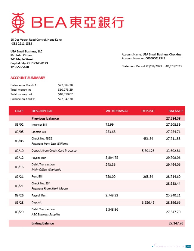 Download Bank of East Asia firm account statement Word and PDF template Photoshop template